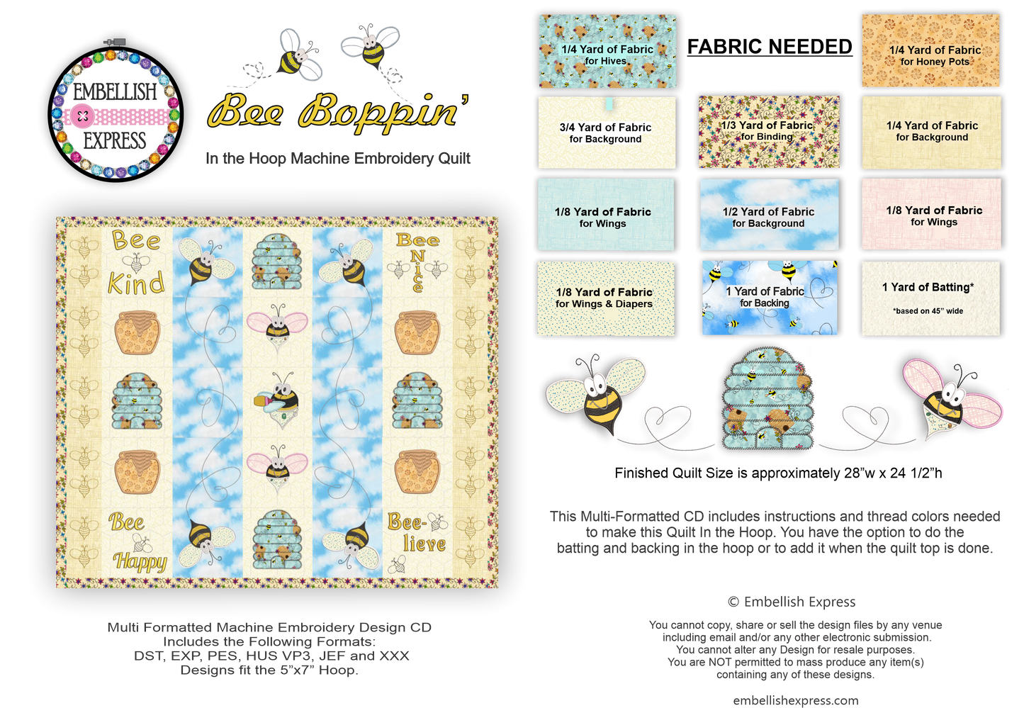 Bee Boppin' Machine Embroidery Quilt DOWNLOAD