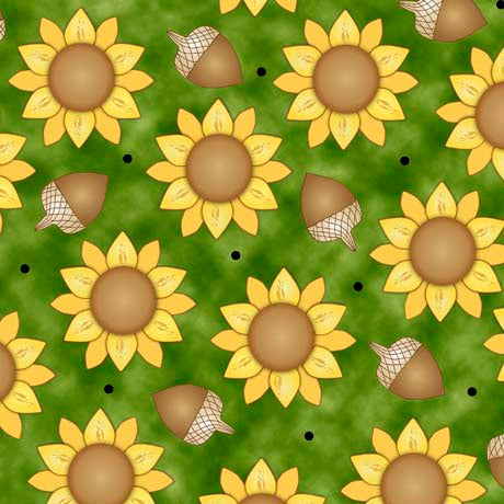 Funflowers Fabric by Embellish Express - Green Sunflower & Acorn Toss