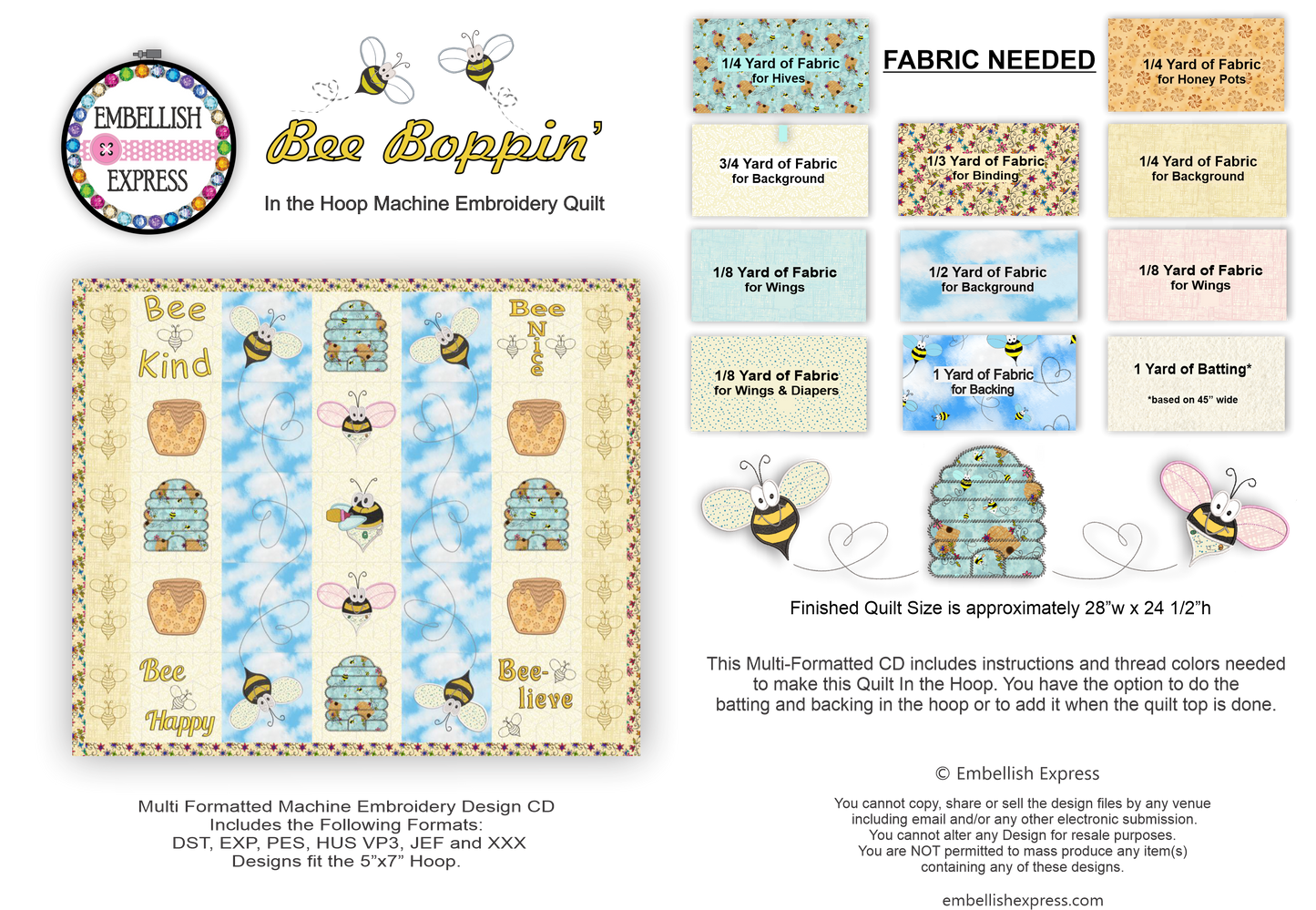 Bee Boppin' Machine Embroidery Quilt CD